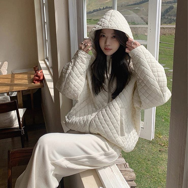 ミレニアル学園風☆軽量パフ菱形キルティングフード付き中綿ジャケット保温アウター | 17kg | 詳細画像10 