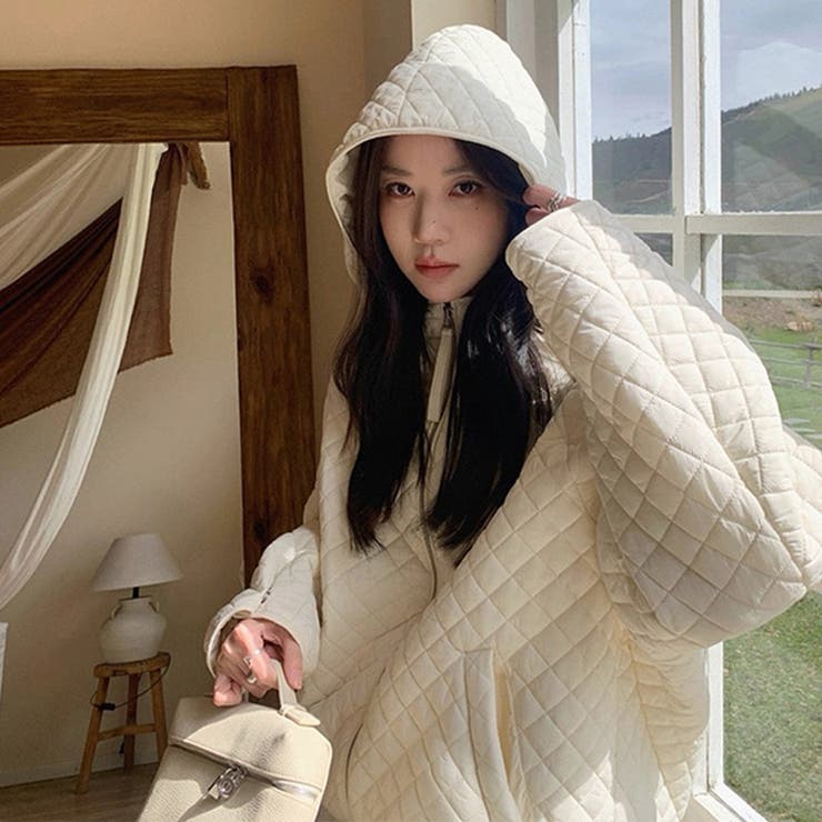 ホワイト | ミレニアル学園風☆軽量パフ菱形キルティングフード付き中綿ジャケット保温アウター | 17kg