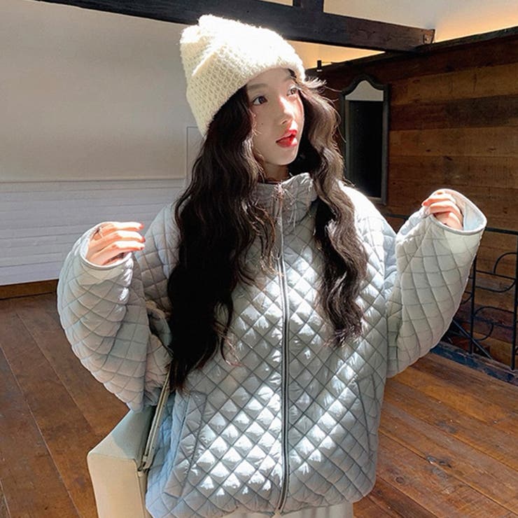 ライトブルー | ミレニアル学園風☆軽量パフ菱形キルティングフード付き中綿ジャケット保温アウター | 17kg