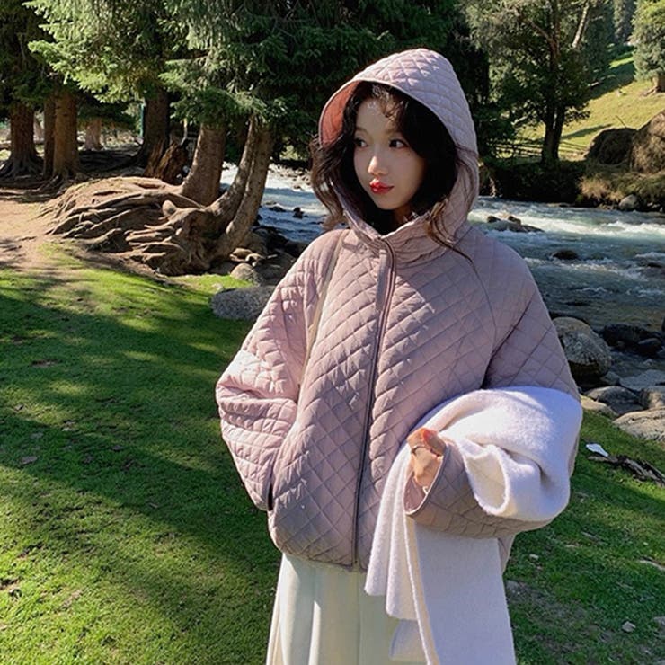 パープル | ミレニアル学園風☆軽量パフ菱形キルティングフード付き中綿ジャケット保温アウター | 17kg