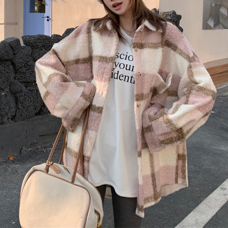 自由で個性的なスタイルを演出若見え学院風ゆったりミドル丈チェック柄ウールコート | 17kg | 詳細画像1 