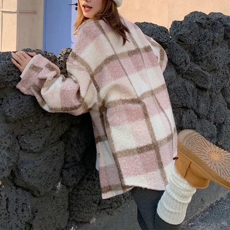 自由で個性的なスタイルを演出若見え学院風ゆったりミドル丈チェック柄ウールコート | 17kg | 詳細画像8 