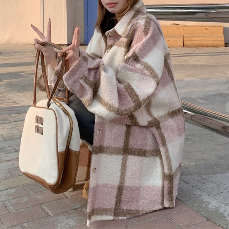 自由で個性的なスタイルを演出若見え学院風ゆったりミドル丈チェック柄ウールコート | 17kg | 詳細画像14 