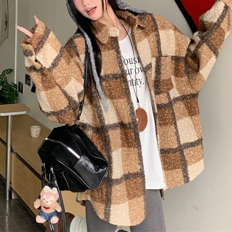 コーヒー | 自由で個性的なスタイルを演出若見え学院風ゆったりミドル丈チェック柄ウールコート | 17kg