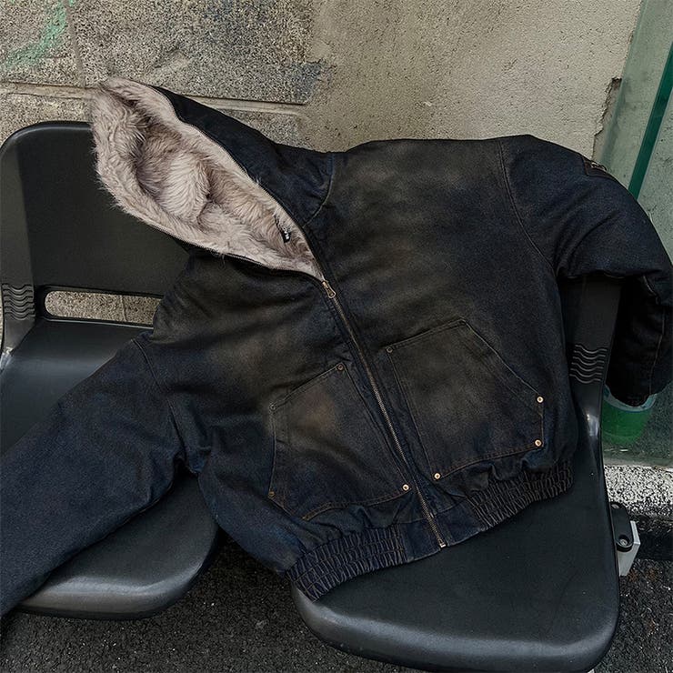 ユニセックス☆アメカジ系ウォッシュ加工デニム中綿ジャケット冬用裏起毛 | 17kg | 詳細画像3 