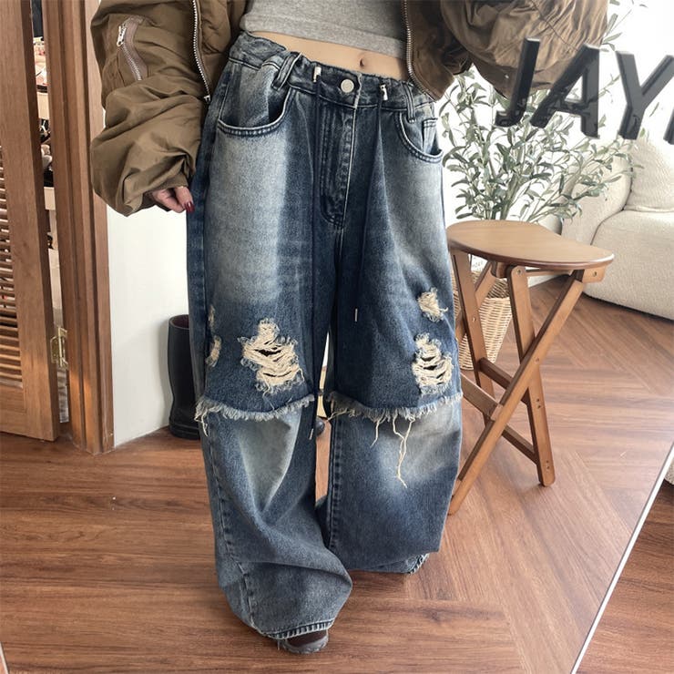 ユニセックス☆ダメージ加工フェイクレイヤード二重とろみワイドデニムパンツ | 17kg | 詳細画像1 