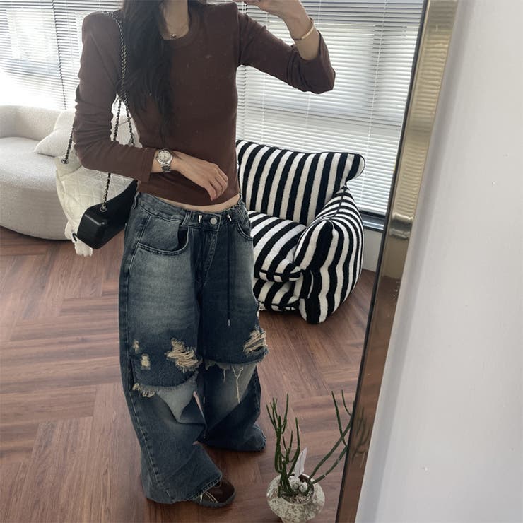 ユニセックス☆ダメージ加工フェイクレイヤード二重とろみワイドデニムパンツ | 17kg | 詳細画像7 