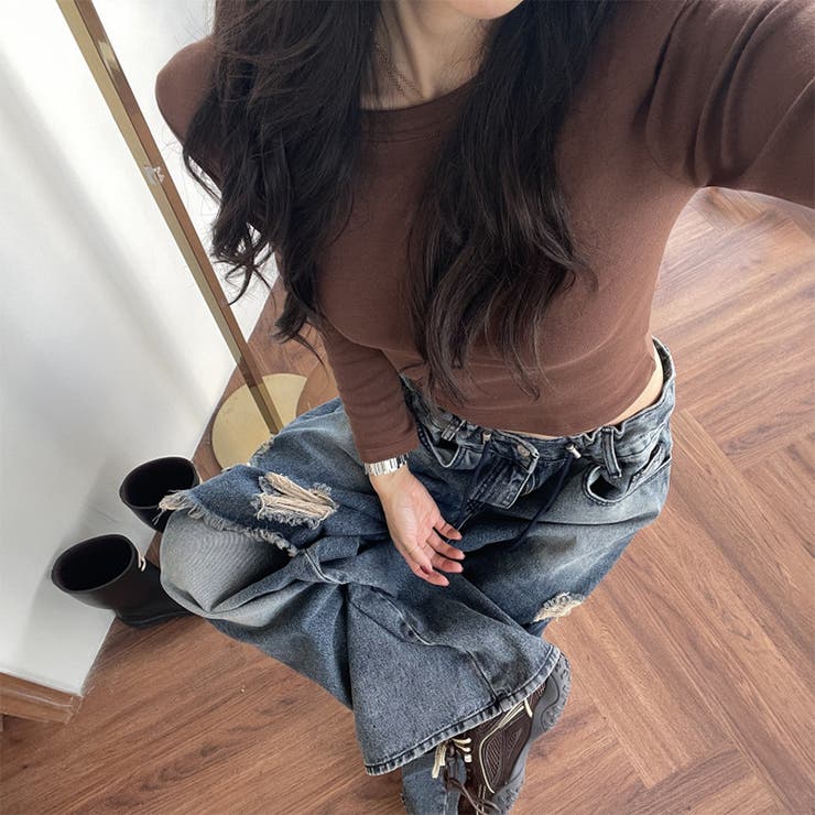 ユニセックス☆ダメージ加工フェイクレイヤード二重とろみワイドデニムパンツ | 17kg | 詳細画像8 