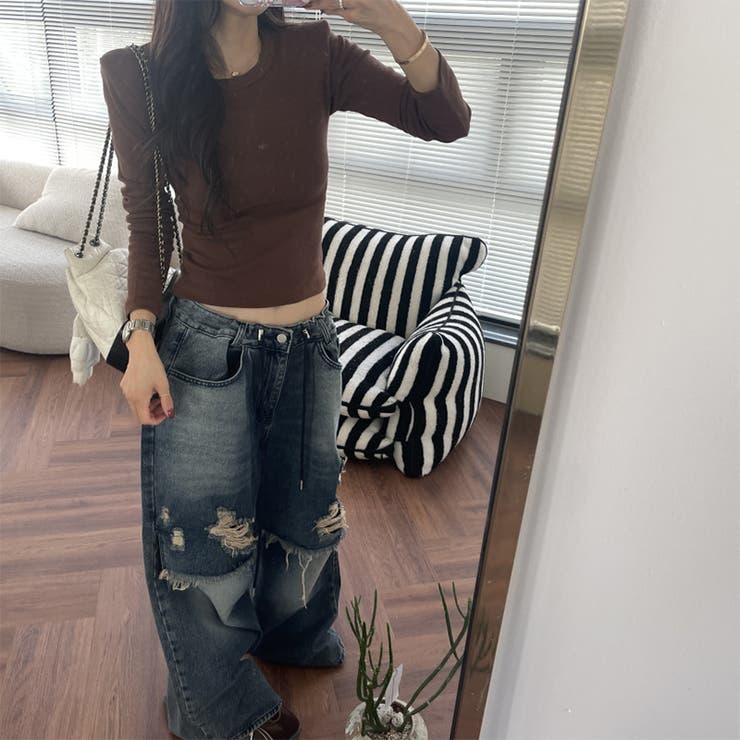 ユニセックス☆ダメージ加工フェイクレイヤード二重とろみワイドデニムパンツ | 17kg | 詳細画像9 