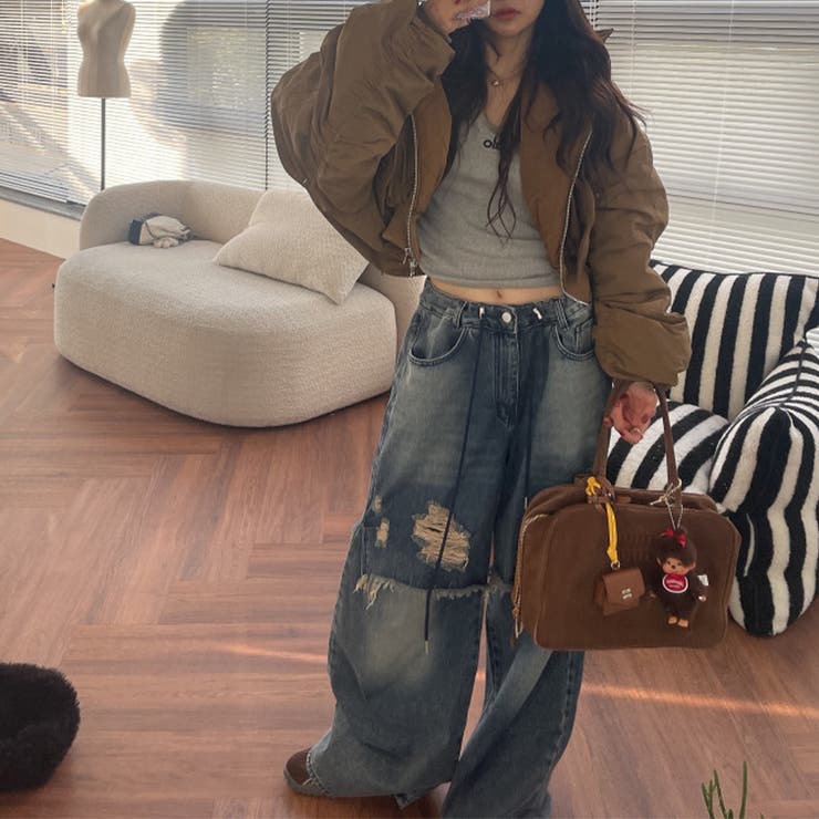 ユニセックス☆ダメージ加工フェイクレイヤード二重とろみワイドデニムパンツ | 17kg | 詳細画像21 