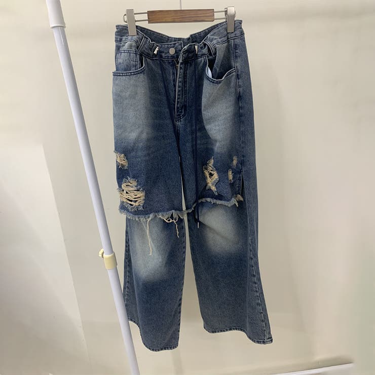 ユニセックス☆ダメージ加工フェイクレイヤード二重とろみワイドデニムパンツ | 17kg | 詳細画像32 