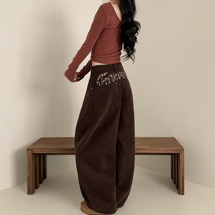 甘辛系ガールズ レトロウォッシュレオパード×文字ワッペンワイドストレートデニムパ… | 17kg | 詳細画像7 