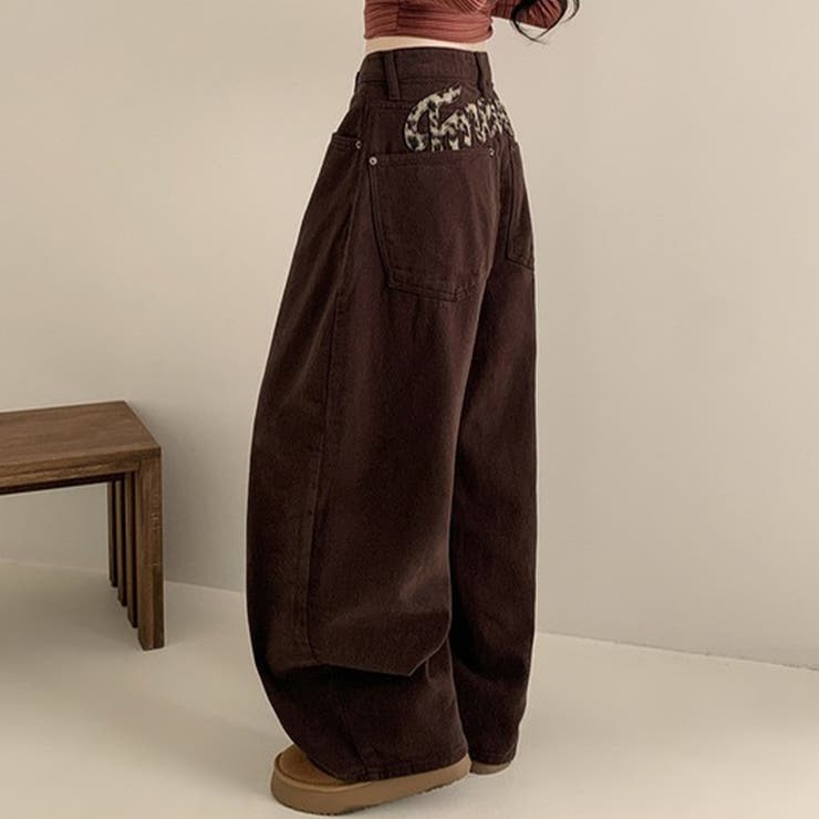 甘辛系ガールズ レトロウォッシュレオパード×文字ワッペンワイドストレートデニムパ… | 17kg | 詳細画像8 