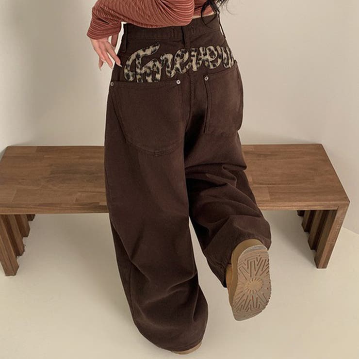 甘辛系ガールズ レトロウォッシュレオパード×文字ワッペンワイドストレートデニムパ… | 17kg | 詳細画像13 