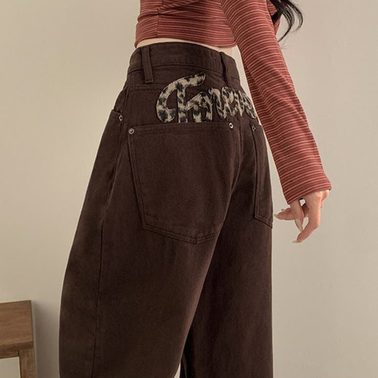 甘辛系ガールズ レトロウォッシュレオパード×文字ワッペンワイドストレートデニムパ… | 17kg | 詳細画像15 