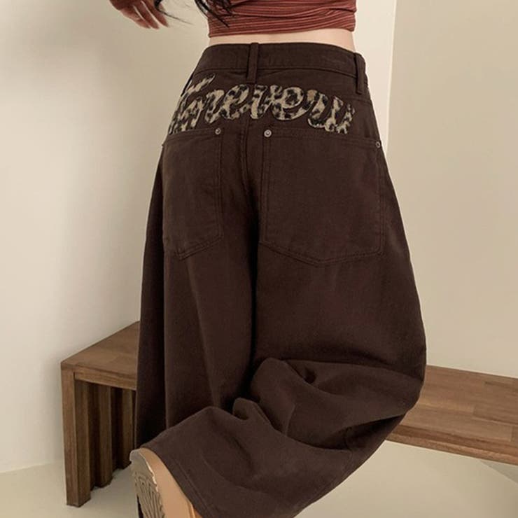 甘辛系ガールズ レトロウォッシュレオパード×文字ワッペンワイドストレートデニムパ… | 17kg | 詳細画像16 