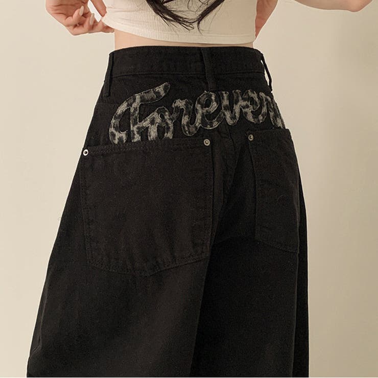 甘辛系ガールズ レトロウォッシュレオパード×文字ワッペンワイドストレートデニムパ… | 17kg | 詳細画像21 