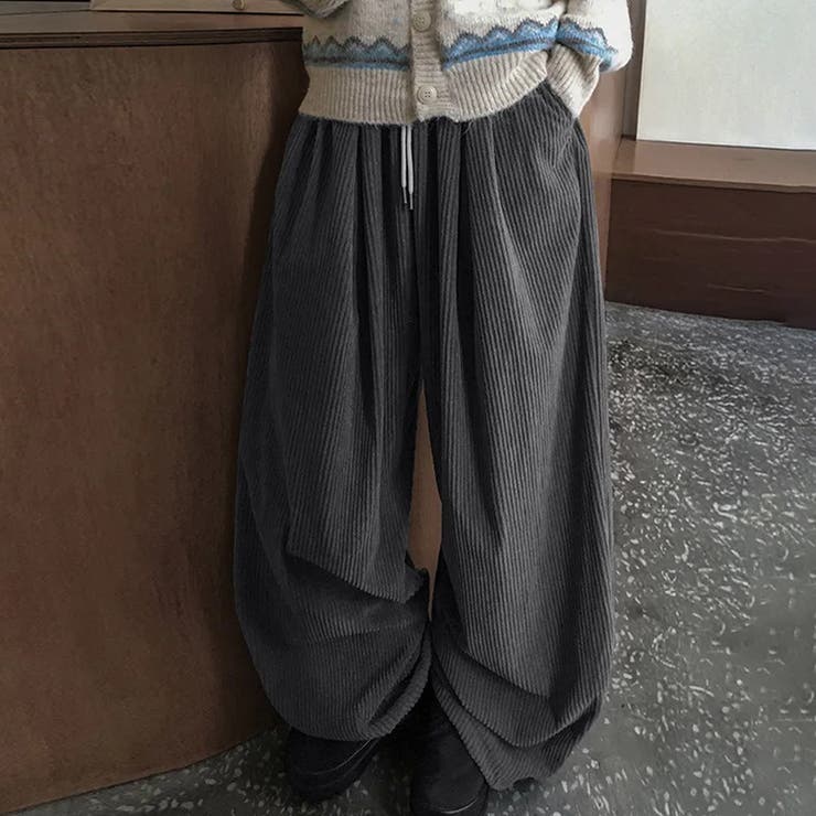 ダークグレー | ゆるカワコーデ コーデュロイストライプ柄ウエストゴムドローストリング入りロングパ… | 17kg