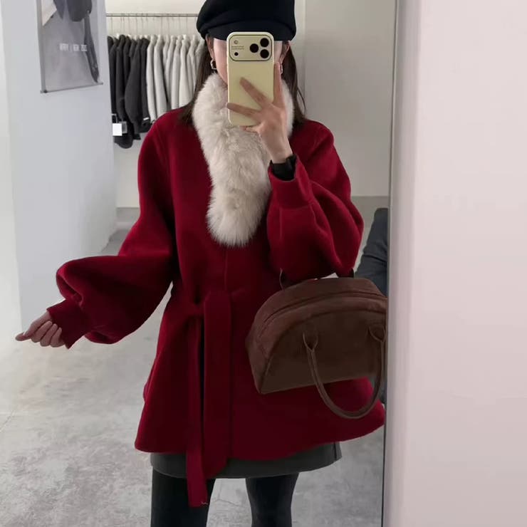 甘辛系ガールズ フォックスファーダブルフェイス カシミヤ混コートウエストリボン付… | 17kg | 詳細画像1 