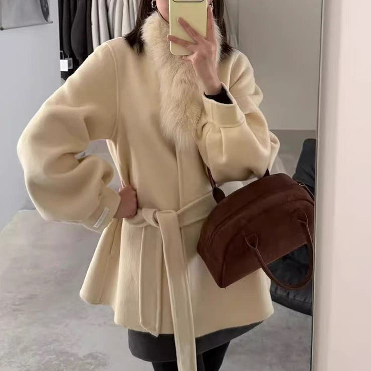 甘辛系ガールズ フォックスファーダブルフェイス カシミヤ混コートウエストリボン付… | 17kg | 詳細画像2 