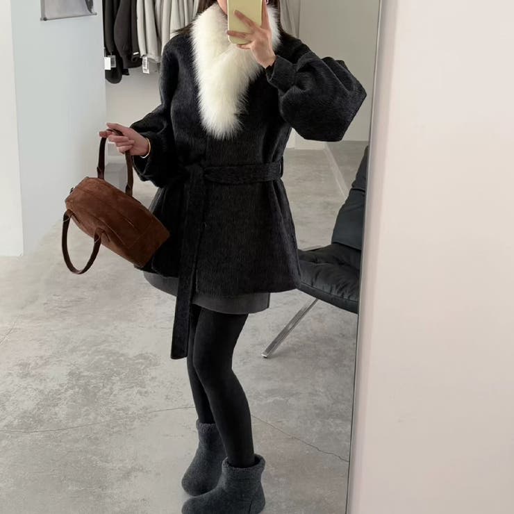 甘辛系ガールズ フォックスファーダブルフェイス カシミヤ混コートウエストリボン付… | 17kg | 詳細画像3 