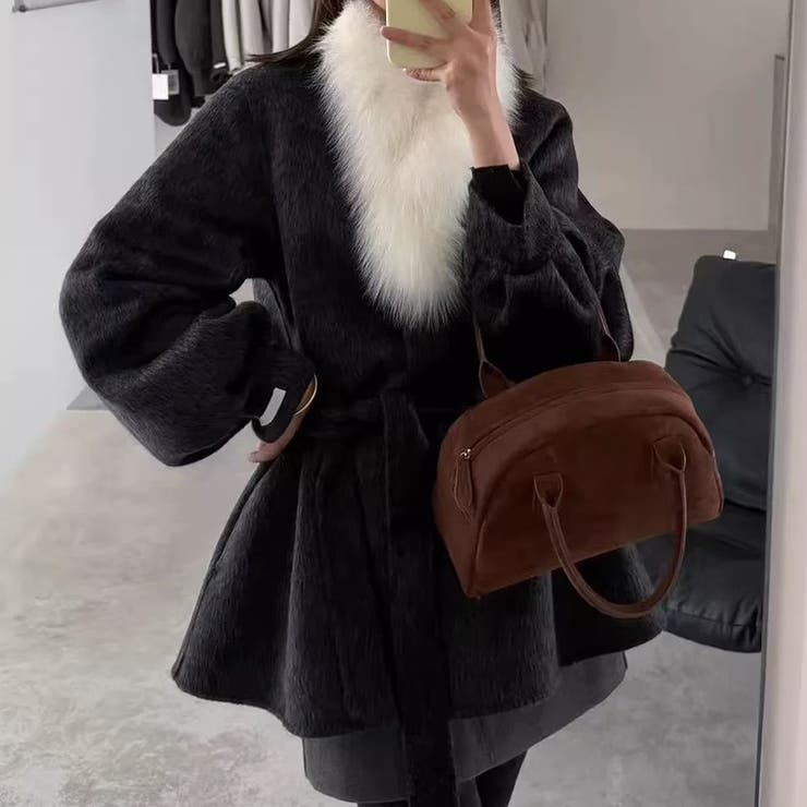 ダークグレー | 甘辛系ガールズ フォックスファーダブルフェイス カシミヤ混コートウエストリボン付… | 17kg