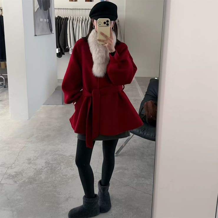 レッド | 甘辛系ガールズ フォックスファーダブルフェイス カシミヤ混コートウエストリボン付… | 17kg