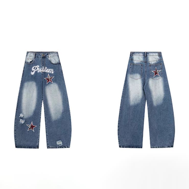 ユニセックス☆レトロ 高感度ストリート 星刺繍 デニムパンツカーブ