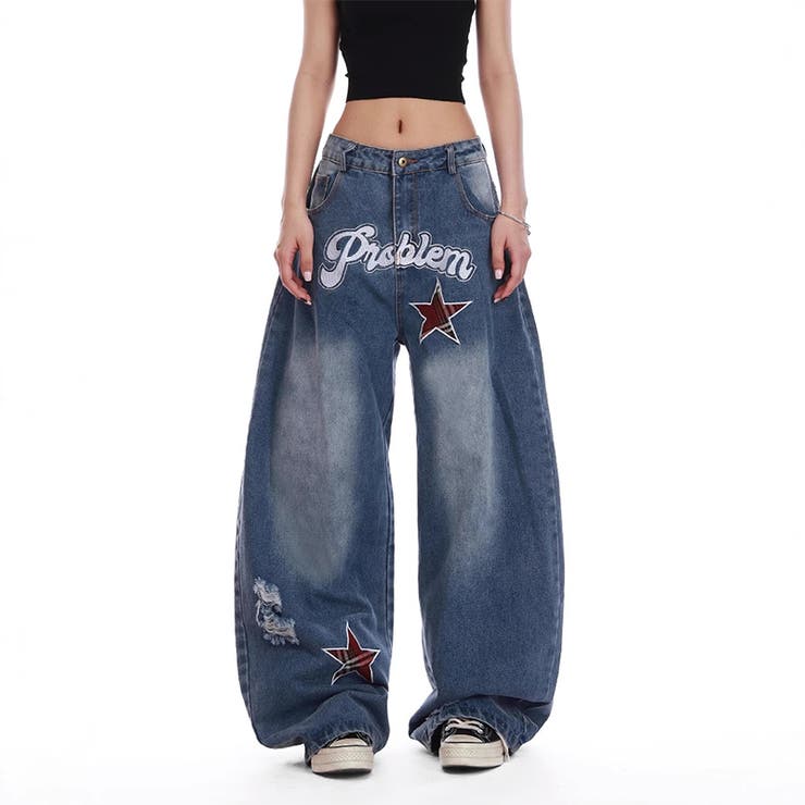 ユニセックス☆レトロ 高感度ストリート 星刺繍 デニムパンツカーブシルエット | 17kg | 詳細画像3 