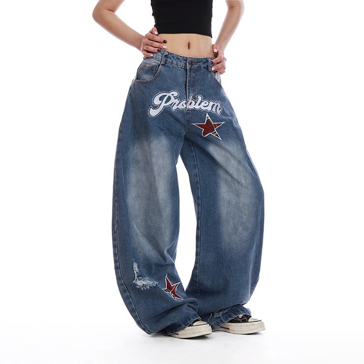 ユニセックス☆レトロ 高感度ストリート 星刺繍 デニムパンツカーブ