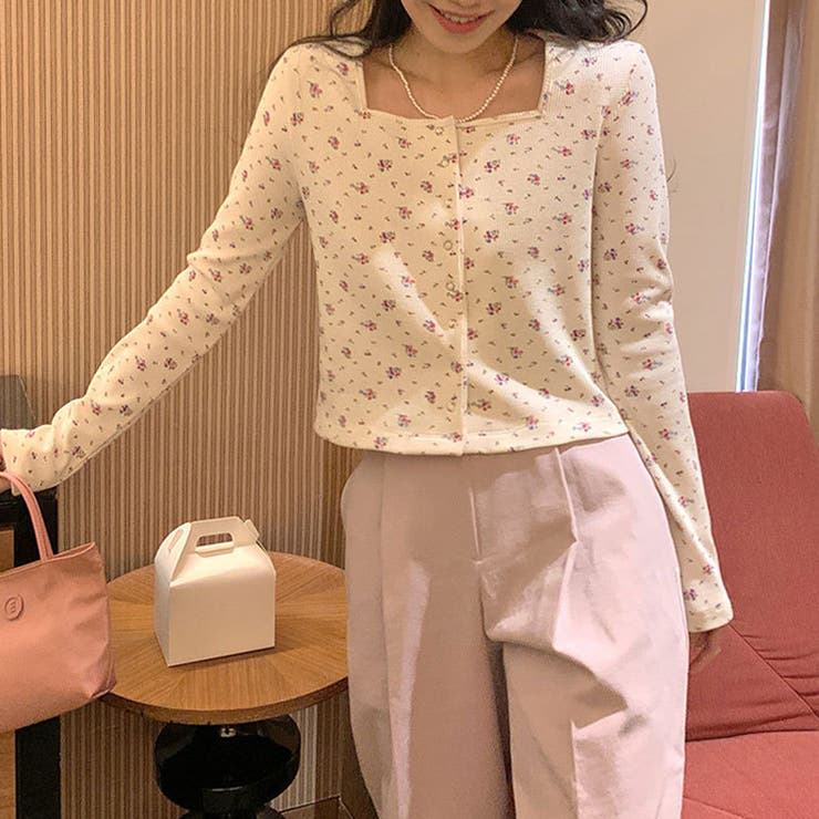 ゆるカワコーデ☆フラワープリント スクエアネック ショート丈 ニットトップス | 17kg | 詳細画像5 