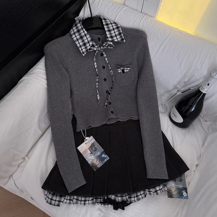 ミレニアル学園風☆チェック柄 襟付き ニットカーディガン+プリーツミニスカート | 17kg | 詳細画像2 