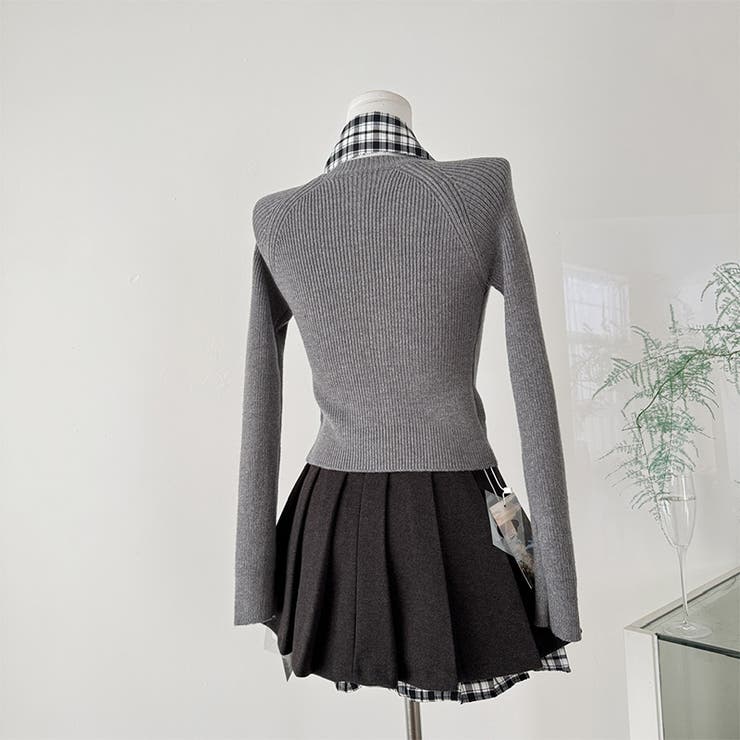 ミレニアル学園風☆チェック柄 襟付き ニットカーディガン+プリーツミニスカート | 17kg | 詳細画像5 