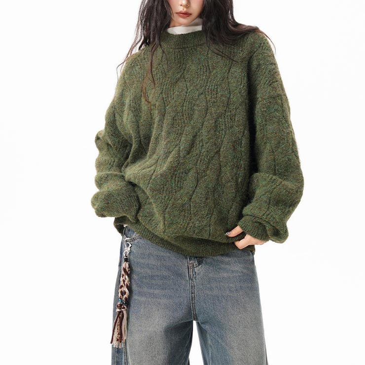 ユニセックス☆フェアリーグリーン ケーブル編みニットカジュアル 万能トップス | 17kg | 詳細画像1 