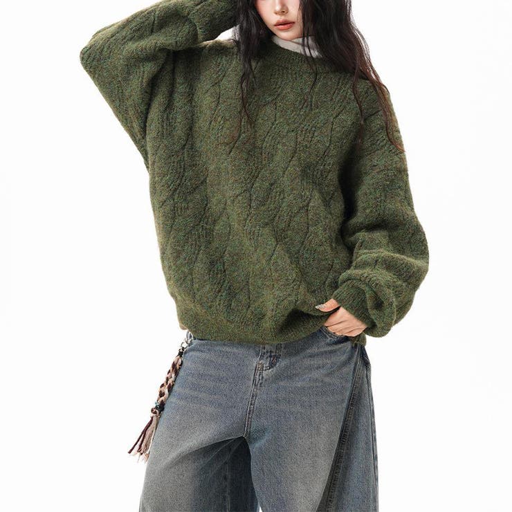 ユニセックス☆フェアリーグリーン ケーブル編みニットカジュアル 万能トップス | 17kg | 詳細画像2 