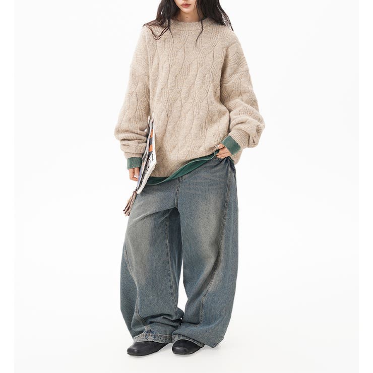 ユニセックス☆フェアリーグリーン ケーブル編みニットカジュアル 万能トップス | 17kg | 詳細画像15 