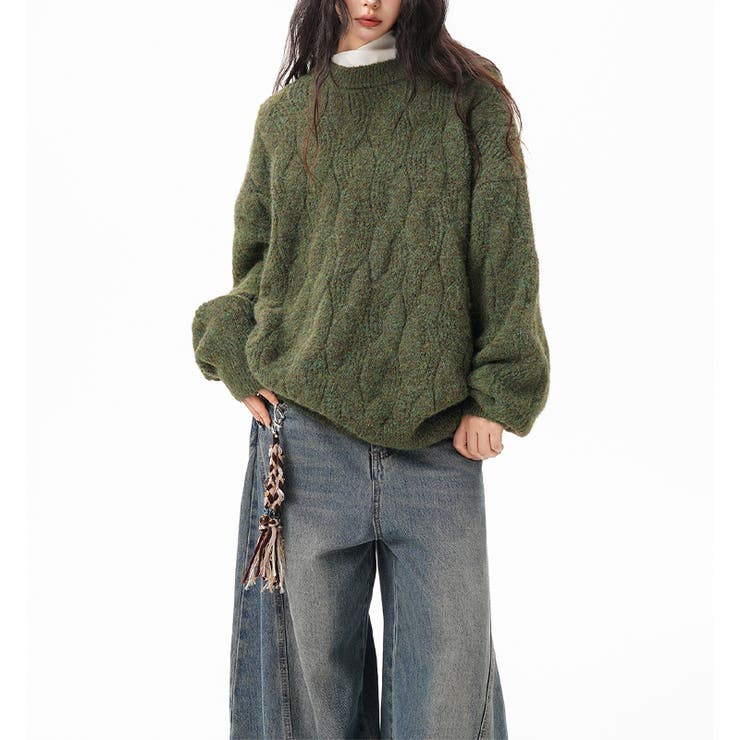 ユニセックス☆フェアリーグリーン ケーブル編みニットカジュアル 万能トップス | 17kg | 詳細画像17 