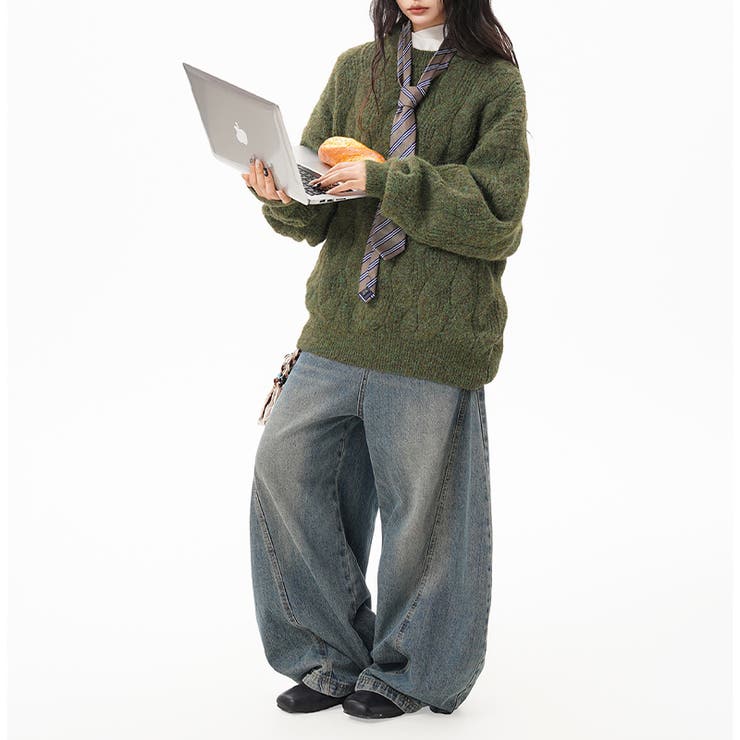 ユニセックス☆フェアリーグリーン ケーブル編みニットカジュアル 万能トップス | 17kg | 詳細画像19 