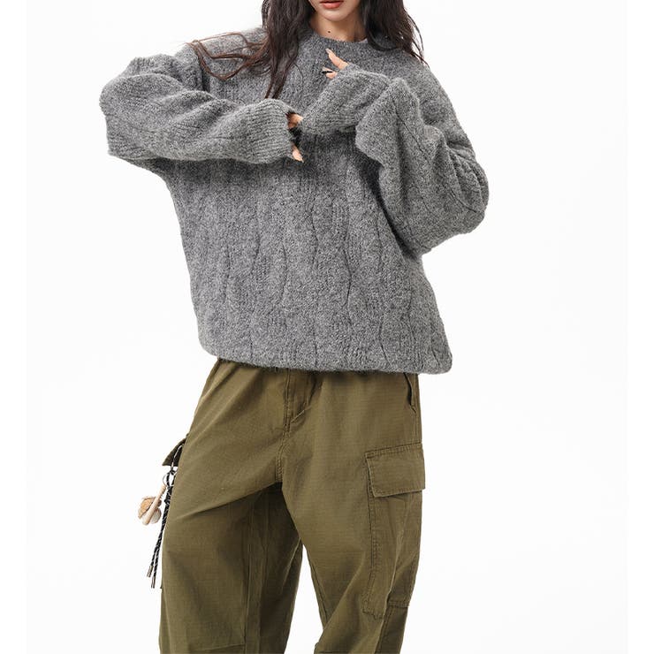 ユニセックス☆フェアリーグリーン ケーブル編みニットカジュアル 万能トップス | 17kg | 詳細画像28 