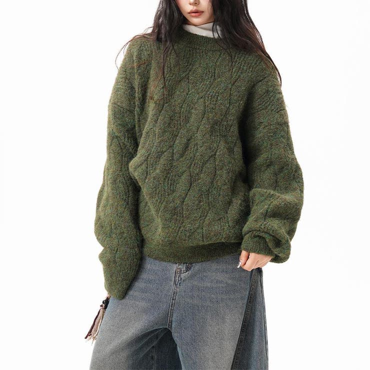 ユニセックス☆フェアリーグリーン ケーブル編みニットカジュアル 万能トップス | 17kg | 詳細画像5 