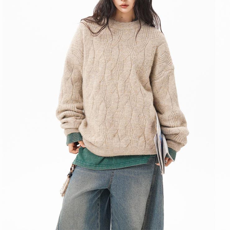 ユニセックス☆フェアリーグリーン ケーブル編みニットカジュアル 万能トップス | 17kg | 詳細画像7 