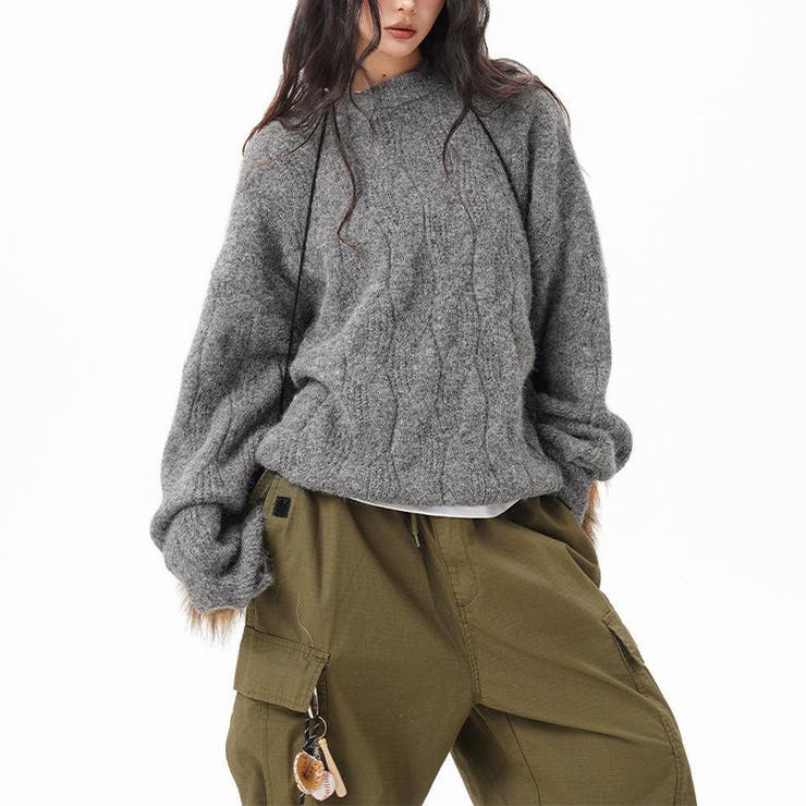 グレー | ユニセックス☆フェアリーグリーン ケーブル編みニットカジュアル 万能トップス | 17kg