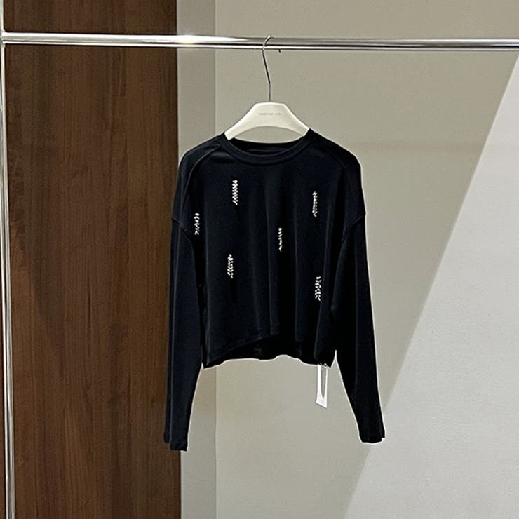 ブラック | ゆるカワコーデ☆ビーズ装飾 ショート丈長袖Tシャツ | 17kg