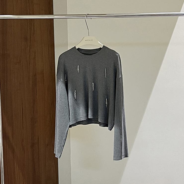 グレー | ゆるカワコーデ☆ビーズ装飾 ショート丈長袖Tシャツ | 17kg