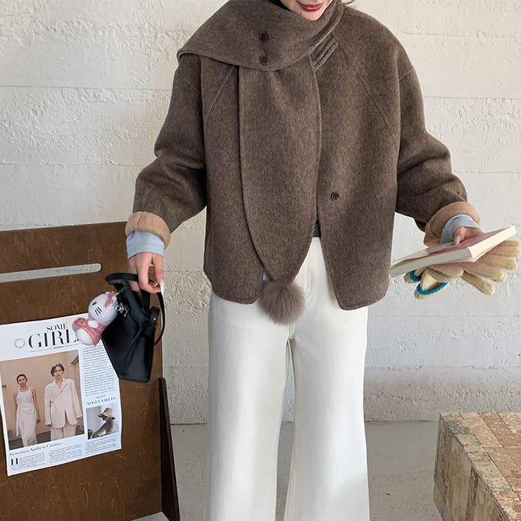ゆるカワコーデ☆スカーフ付き デザイン性 上品 ウールコート | 17kg | 詳細画像1 