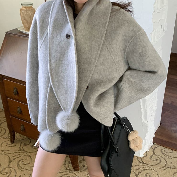 ゆるカワコーデ☆スカーフ付き デザイン性 上品 ウールコート | 17kg | 詳細画像12 