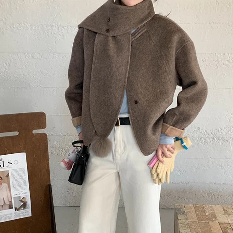 コーヒー | ゆるカワコーデ☆スカーフ付き デザイン性 上品 ウールコート | 17kg