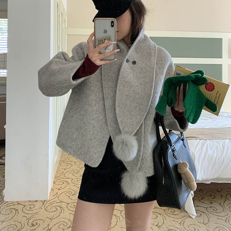 ライトグレー | ゆるカワコーデ☆スカーフ付き デザイン性 上品 ウールコート | 17kg