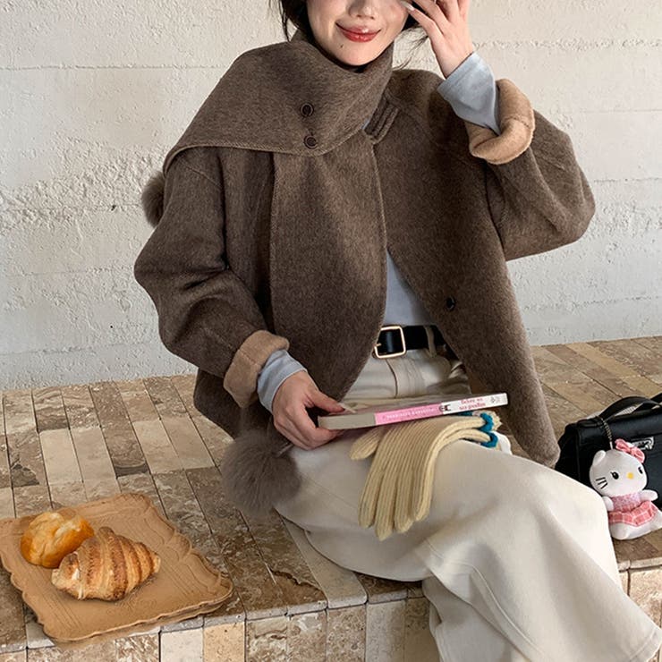 ゆるカワコーデ☆スカーフ付き デザイン性 上品 ウールコート | 17kg | 詳細画像37 