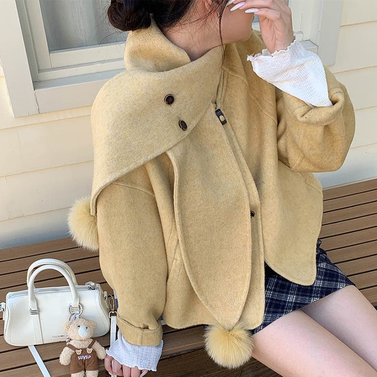 イエロー | ゆるカワコーデ☆スカーフ付き デザイン性 上品 ウールコート | 17kg